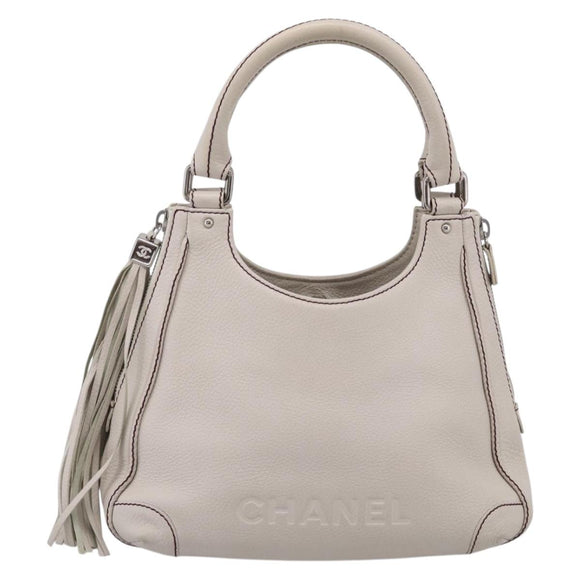 CHANEL Hand Bag Leather Ivory Silver CC Auth 209642V
