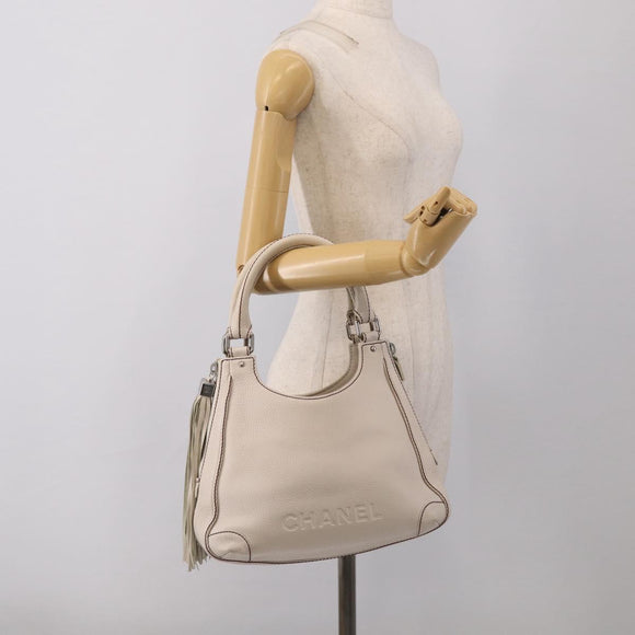CHANEL Hand Bag Leather Ivory Silver CC Auth 209642V