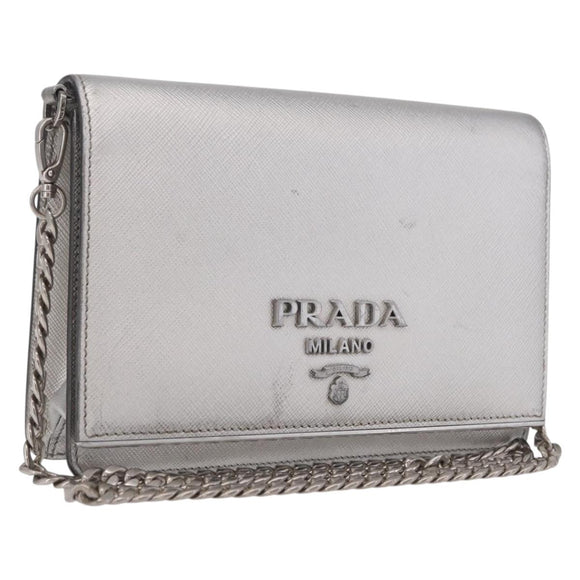 PRADA Chain Shoulder Bag Leather Silver Auth 209667A