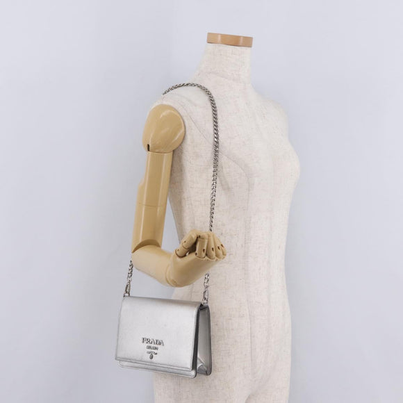 PRADA Chain Shoulder Bag Leather Silver Auth 209667A