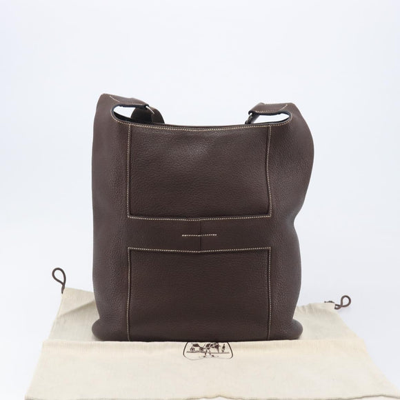 HERMES Good News GM Shoulder Bag Leather Dark Brown Silver Auth 209685V