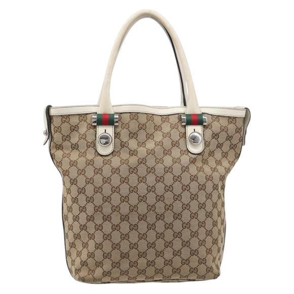 GUCCI GG Canvas Web Sherry Line Tote Bag Beige Silver 232970 Auth 209693