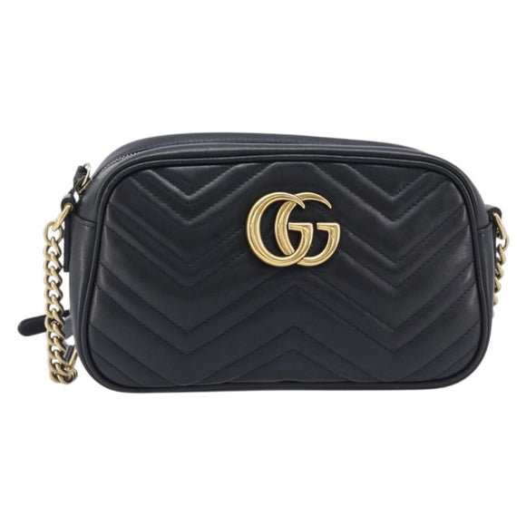 GUCCI GG Marmont Shoulder Bag Leather Black Gold Tone 447632 Auth 209745V