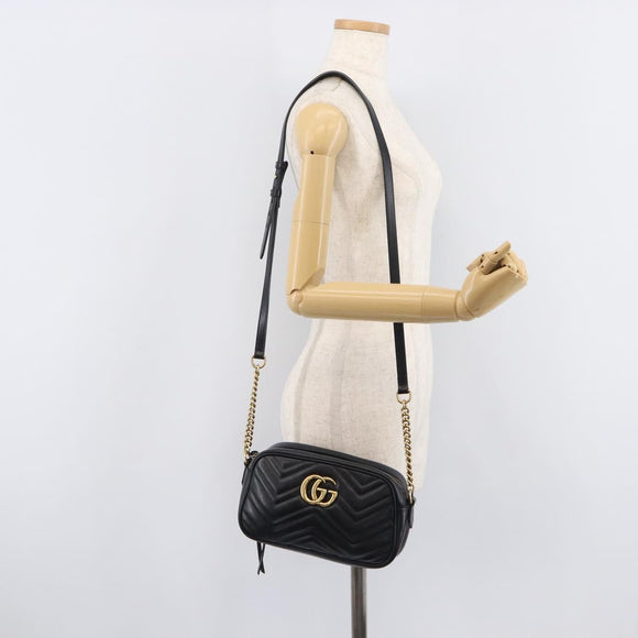 GUCCI GG Marmont Shoulder Bag Leather Black Gold Tone 447632 Auth 209745V