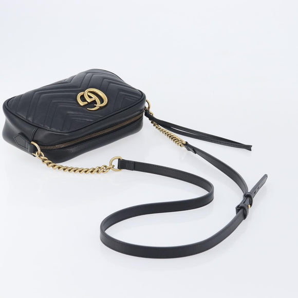 GUCCI GG Marmont Shoulder Bag Leather Black Gold Tone 447632 Auth 209745V