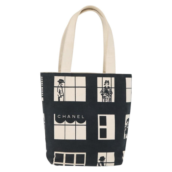 CHANEL Window Line Tote Bag Canvas Ivory Black CC Auth 209756A