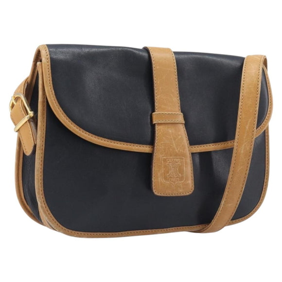 CELINE Shoulder Bag Leather Black Gold Tone Auth 209795