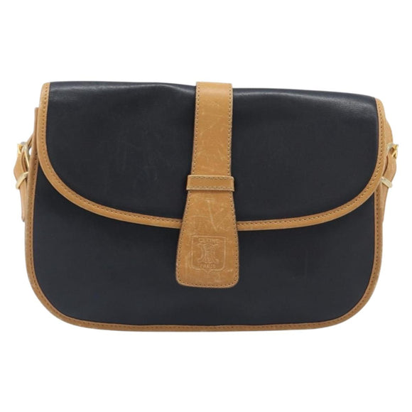 CELINE Shoulder Bag Leather Black Gold Tone Auth 209795