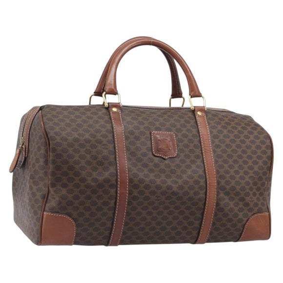 CELINE Macadam Canvas Boston Bag PVC Leather Brown Gold Auth 209827