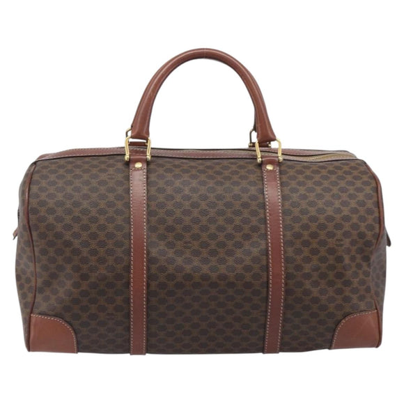 CELINE Macadam Canvas Boston Bag PVC Leather Brown Gold Auth 209827