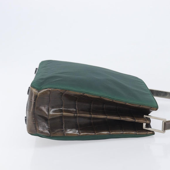 PRADA Metal Handle Shoulder Bag Nylon Green Silver Auth 209835A