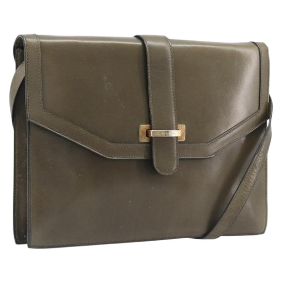 CELINE Shoulder Bag Leather Khaki Gold Auth 209858