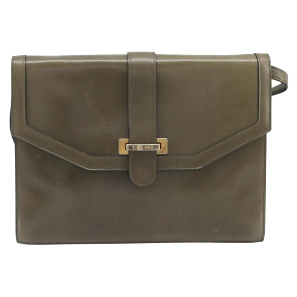 CELINE Shoulder Bag Leather Khaki Gold Auth 209858