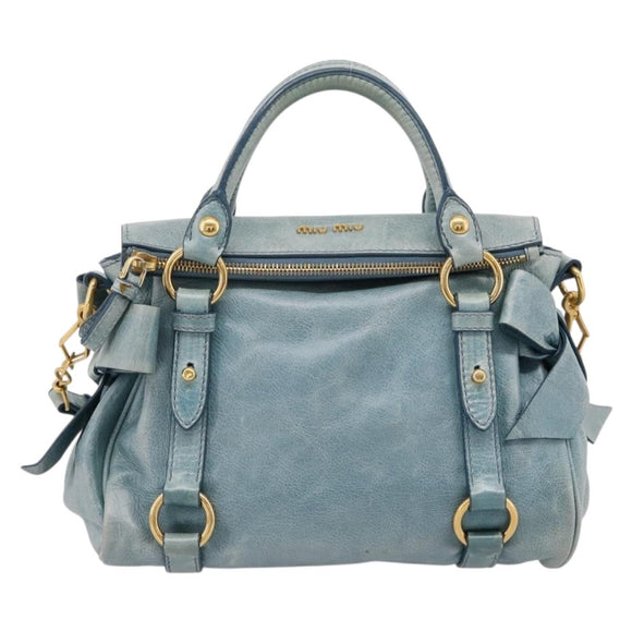 Miu Miu Hand Bag Vitellolux 2way Light Blue Gold Auth 209866V