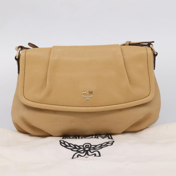 MCM Vicetos Logogram Shoulder Bag Leather Beige Gold Auth 209876A