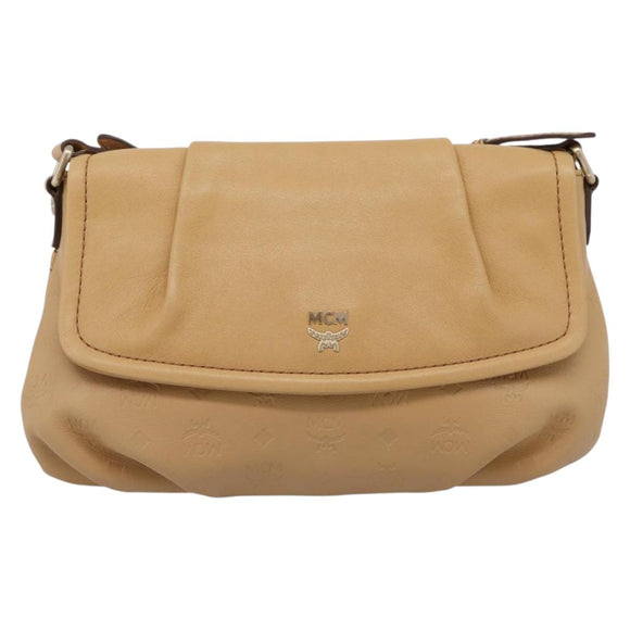 MCM Vicetos Logogram Shoulder Bag Leather Beige Gold Auth 209876A