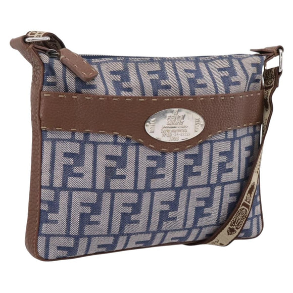 FENDI Zucca Canvas Celeria Shoulder Bag Navy Silver 8BT092 Auth 209895A