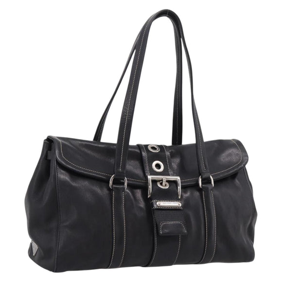 PRADA Shoulder Bag Leather Black Silver Auth 209900V