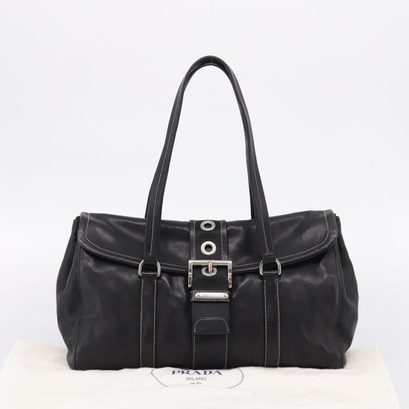 PRADA Shoulder Bag Leather Black Silver Auth 209900V