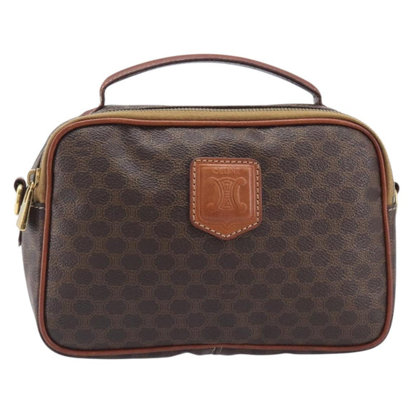 CELINE Macadam Canvas Vanity Cosmetic Pouch PVC Leather Brown Gold Auth 209901