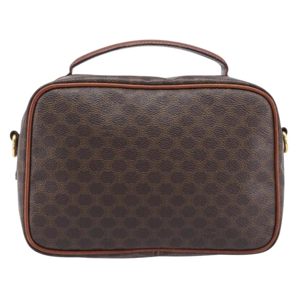 CELINE Macadam Canvas Vanity Cosmetic Pouch PVC Leather Brown Gold Auth 209901