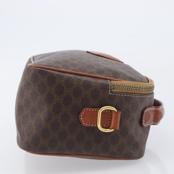 CELINE Macadam Canvas Vanity Cosmetic Pouch PVC Leather Brown Gold Auth 209901