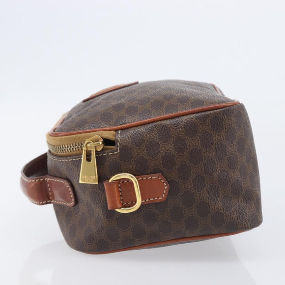 CELINE Macadam Canvas Vanity Cosmetic Pouch PVC Leather Brown Gold Auth 209901