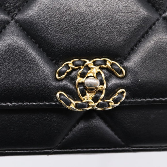 CHANEL Matelasse19 Chain Shoulder Bag Leather 2way Black Gold CC Auth 209912M