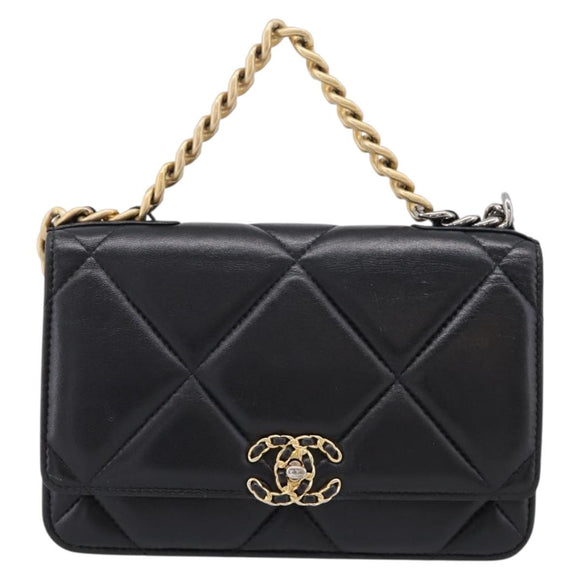 CHANEL Matelasse19 Chain Shoulder Bag Leather 2way Black Gold CC Auth 209912M