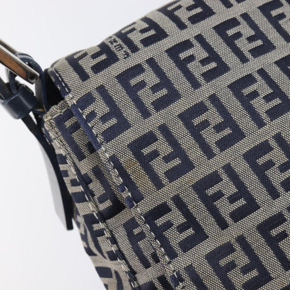FENDI Zucchino Canvas Mamma Baguette Shoulder Bag Navy Silver 26325 Auth 209921V