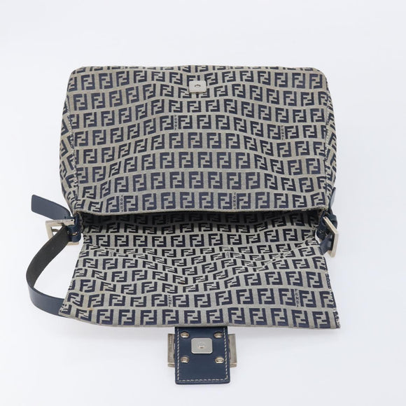 FENDI Zucchino Canvas Mamma Baguette Shoulder Bag Navy Silver 26325 Auth 209921V