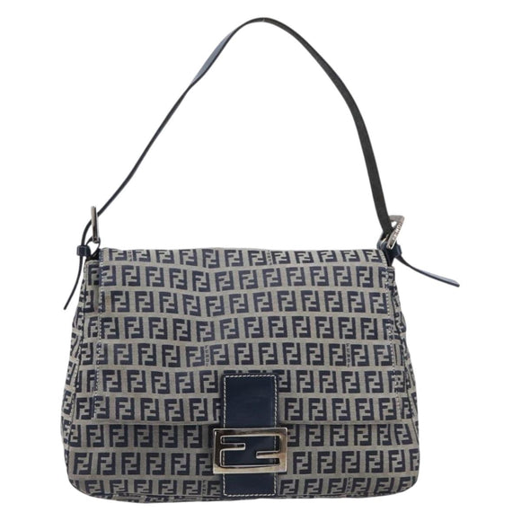 FENDI Zucchino Canvas Mamma Baguette Shoulder Bag Navy Silver 26325 Auth 209921V