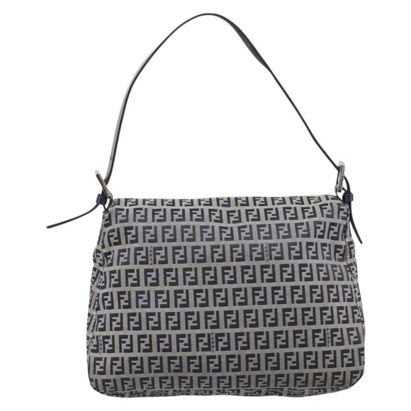 FENDI Zucchino Canvas Mamma Baguette Shoulder Bag Navy Silver 26325 Auth 209921V