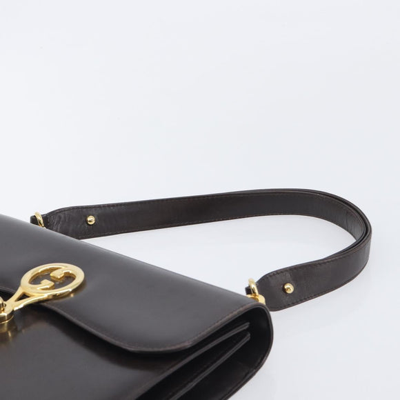 GUCCI Shoulder Bag Leather Brown Gold Auth 209924
