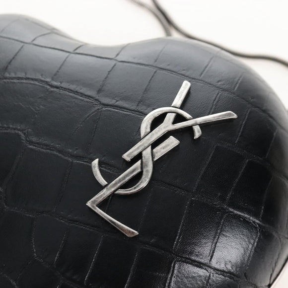 Saint Laurent Chain Love Box Shoulder Bag Leather Black Silver Auth 209941M