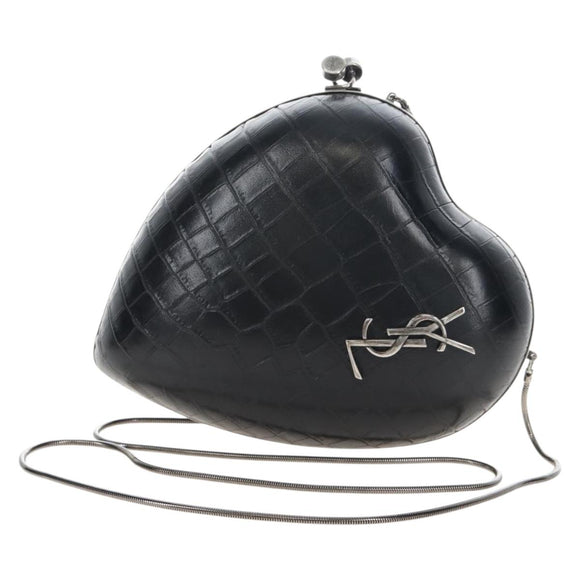 Saint Laurent Chain Love Box Shoulder Bag Leather Black Silver Auth 209941M