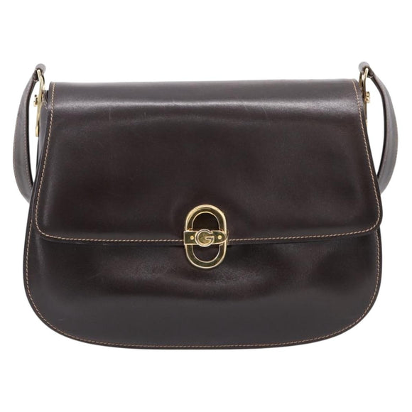 GUCCI Shoulder Bag Leather Brown Gold Auth 209942V