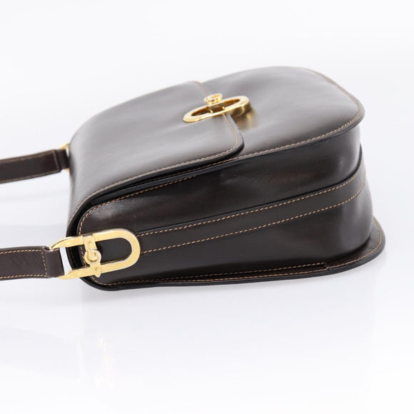GUCCI Shoulder Bag Leather Brown Gold Auth 209942V