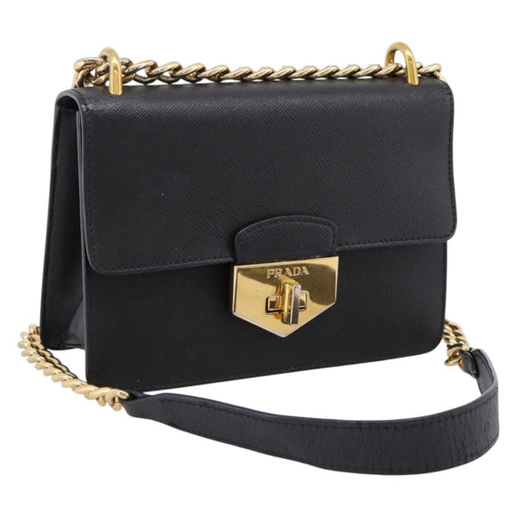 PRADA Chain Shoulder Bag Safiano Leather Black Gold Auth 209945V