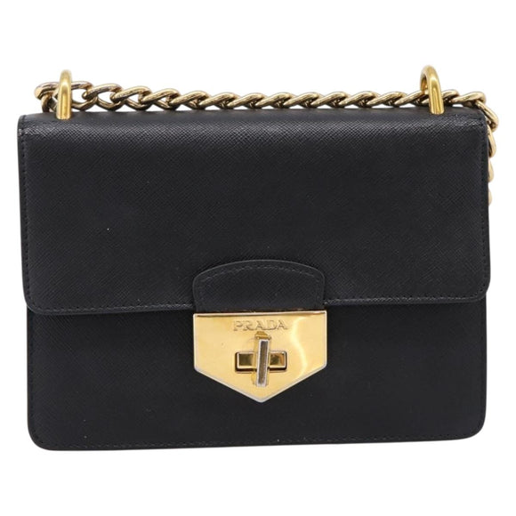 PRADA Chain Shoulder Bag Safiano Leather Black Gold Auth 209945V