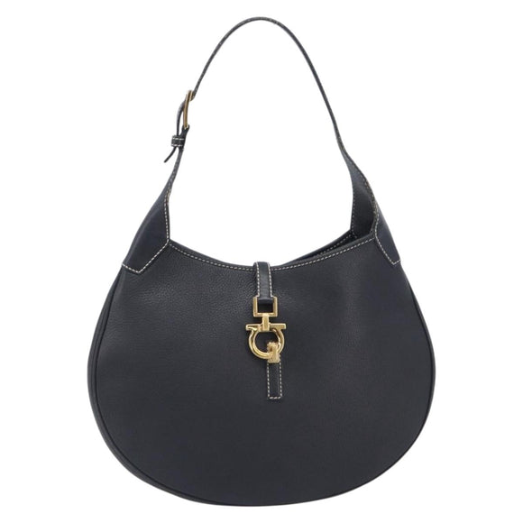 Salvatore Ferragamo Gancini Shoulder Bag Leather Black Gold Auth 209958A