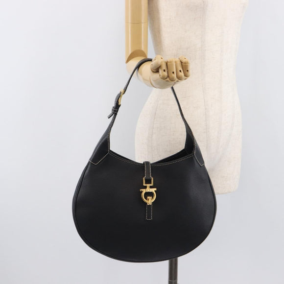 Salvatore Ferragamo Gancini Shoulder Bag Leather Black Gold Auth 209958A