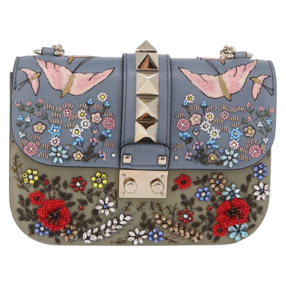 Valentino Chain Shoulder Bag Leather Light Blue Gold Auth 209984V