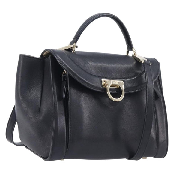 Salvatore Ferragamo Gancini Hand Bag Leather 2way Black Gold Auth 209987A