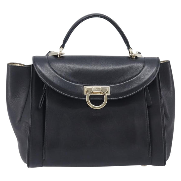 Salvatore Ferragamo Gancini Hand Bag Leather 2way Black Gold Auth 209987A