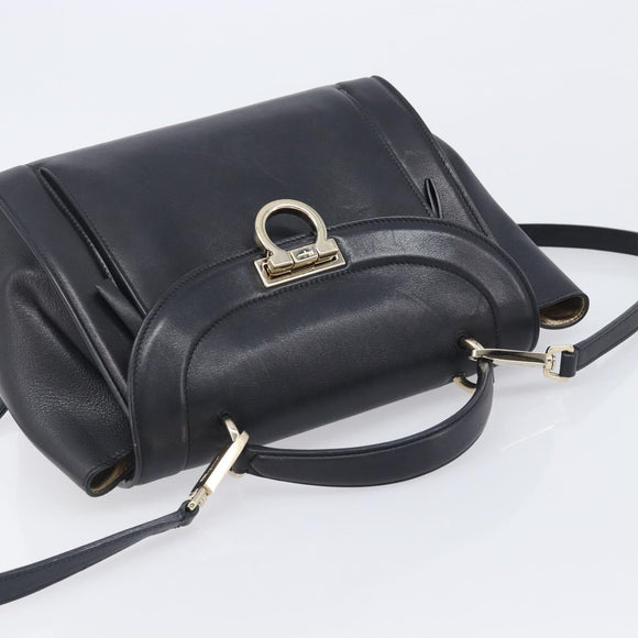 Salvatore Ferragamo Gancini Hand Bag Leather 2way Black Gold Auth 209987A