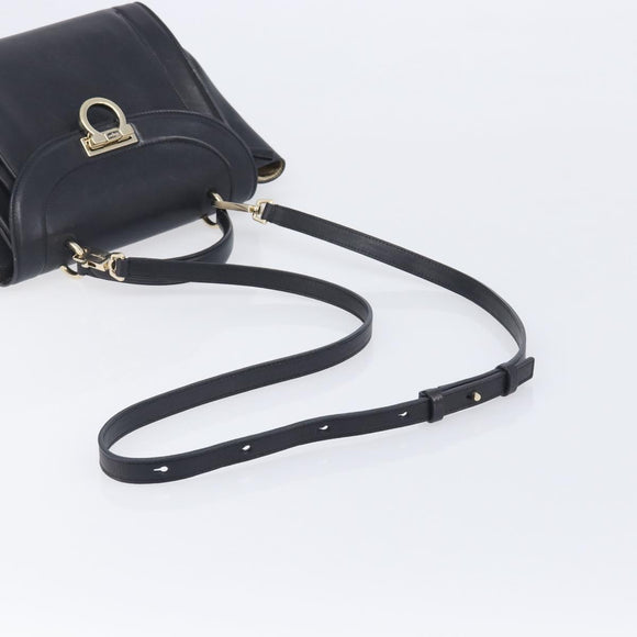 Salvatore Ferragamo Gancini Hand Bag Leather 2way Black Gold Auth 209987A