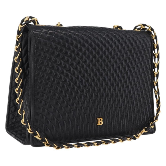 Bally Chain Shoulder Bag Leather Black Gold Auth 210010