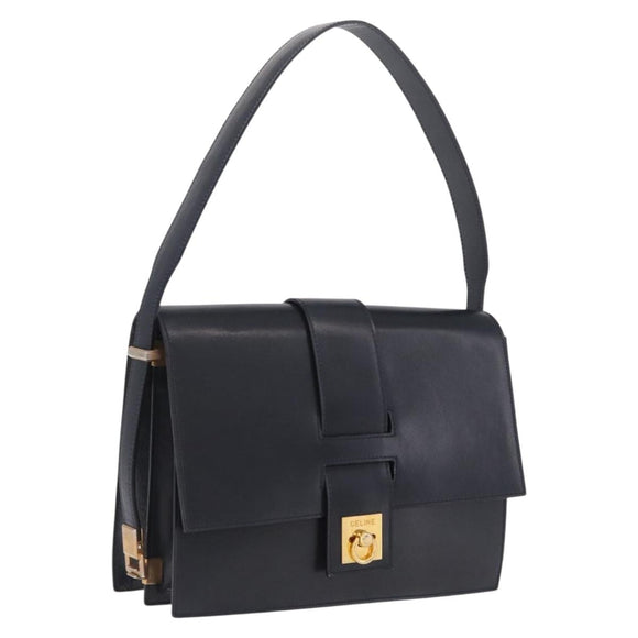 CELINE Shoulder Bag Leather Navy Gold Auth 210013