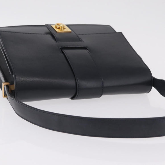 CELINE Shoulder Bag Leather Navy Gold Auth 210013